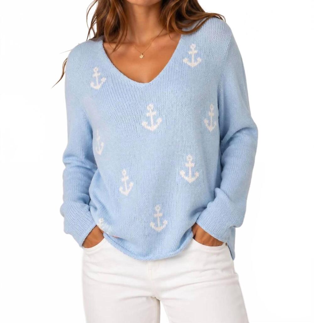 NEW MIRACLE women's anchor v neck sweater in sky blue